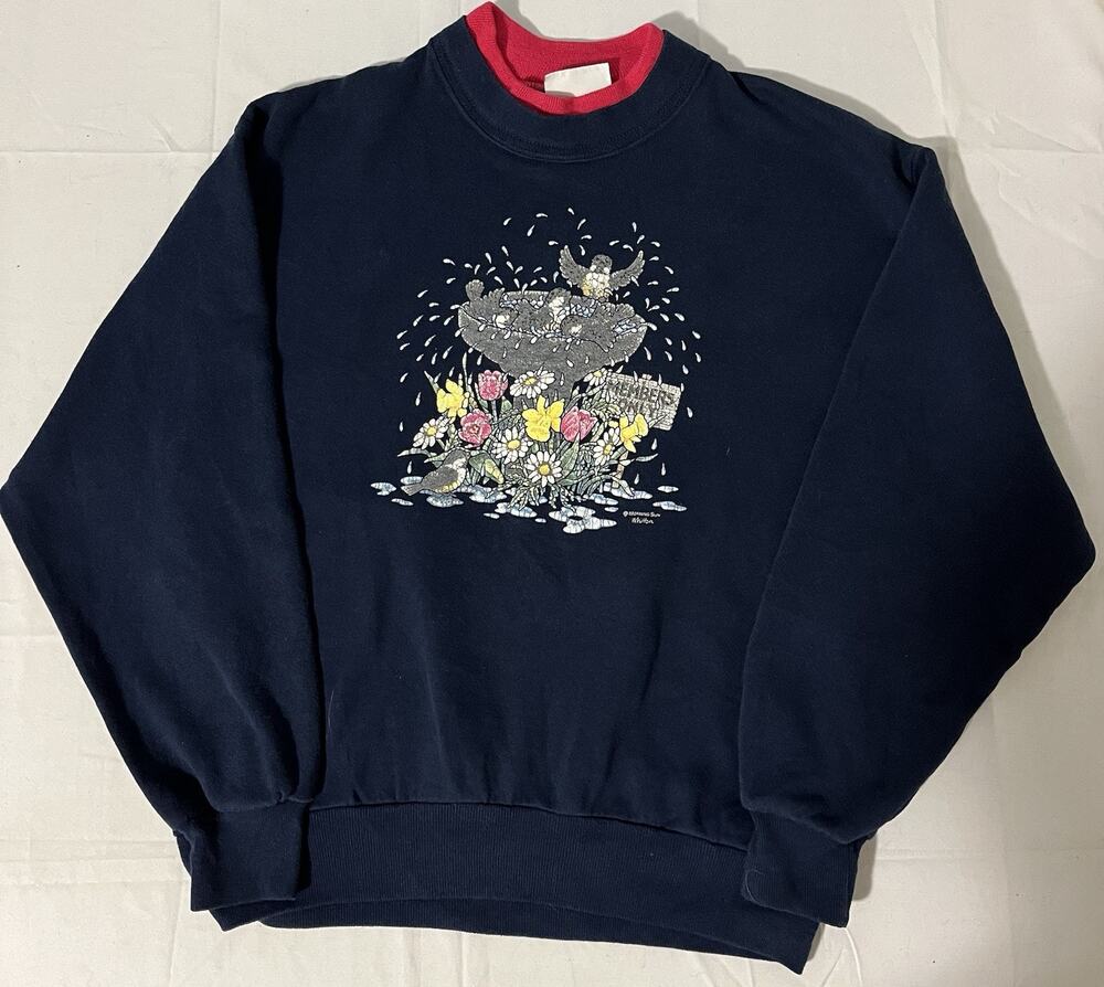 Vintage Jerzees Sweatshirt Morning Sun Size Med Dark Blue Birds Granny Core USA